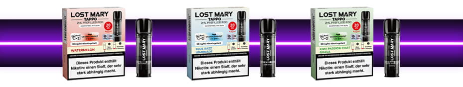 Drei Lost Mary Tappo Pods neben ihrer Verpackung. Im Hintergrund ist ein breites lila Banner mit einem horizontalen Neonstreifen in der Mitte