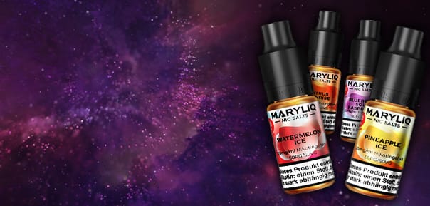 Bottles of MARYLIQ on a galaxy background