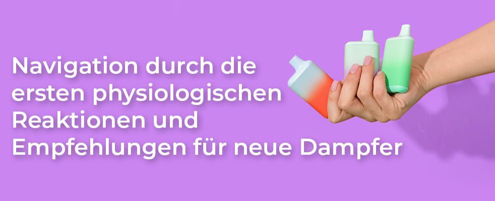 Eine Hand hält drei Lost Mary BM600 Vapes und links neben dem Bild sind die Worte zu lesen, Navigation durch die ersten physiologischen Reaktionen und Empfehlungen für neue Dampfer.