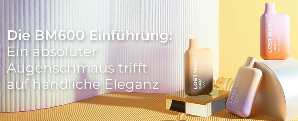 Ein Raum mit zwei erhöhten Flächen, auf denen jeweils ein Lost Mary Tappo Vape steht, und eine auf dem Boden. Der Boden hat ein Zackenmuster und auf der linken Seite befindet sich eine gekrümmte Wand.  Der Text lautet:  Die BM600 Einführung: Ein absoluter